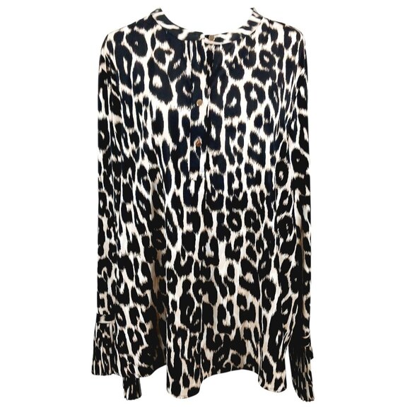 Calvin Klein Tops - Calvin Klein XL Leopard Long Sleeve Top W/ Ruffled Sleeve Hem, 1/4 Button Front